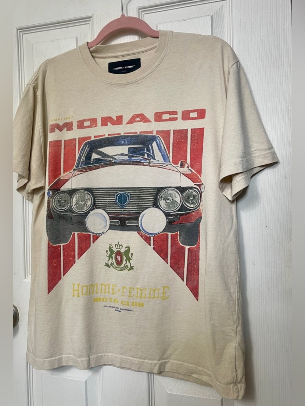 Homme + Femme Tan Monaco Car Graphic Cotton T Shirt Sz M